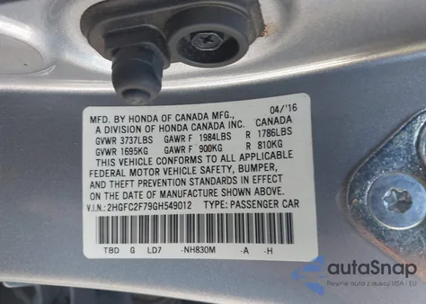 2016 Honda Civic Ex из США, поврежденный, VIN 2HGFC2F79GH549012